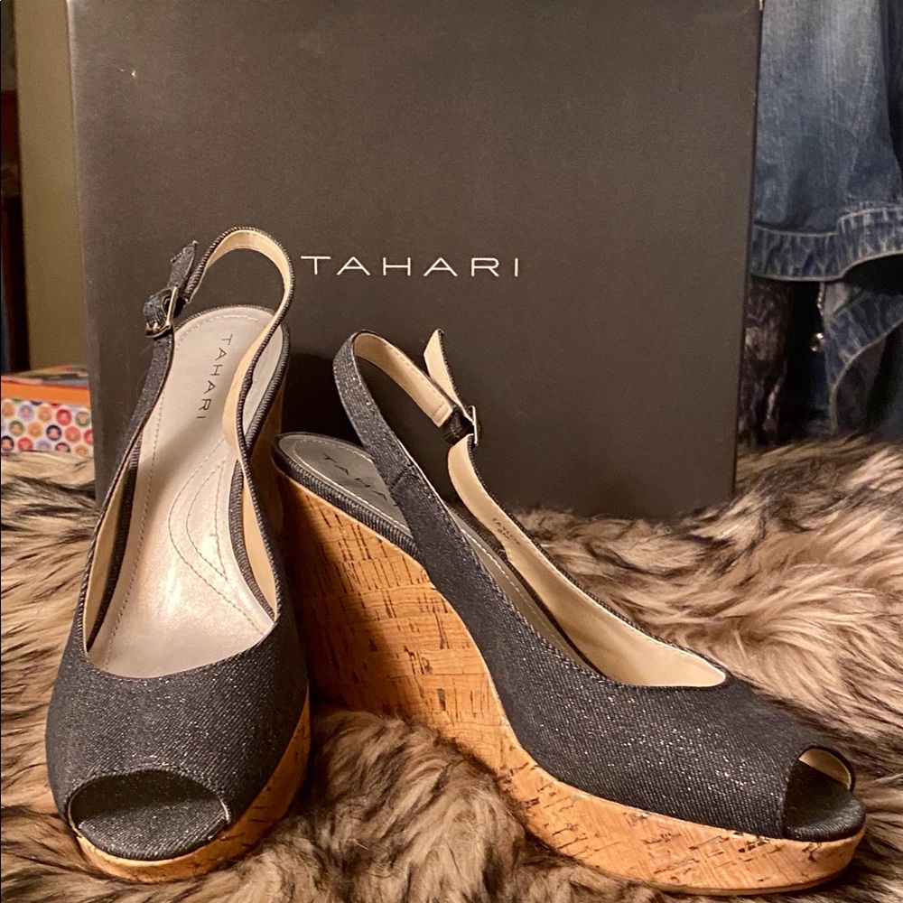 Tahari Taylor Sparkle Denim Peep Toe Cork Wedges! Supa-Fly!!
